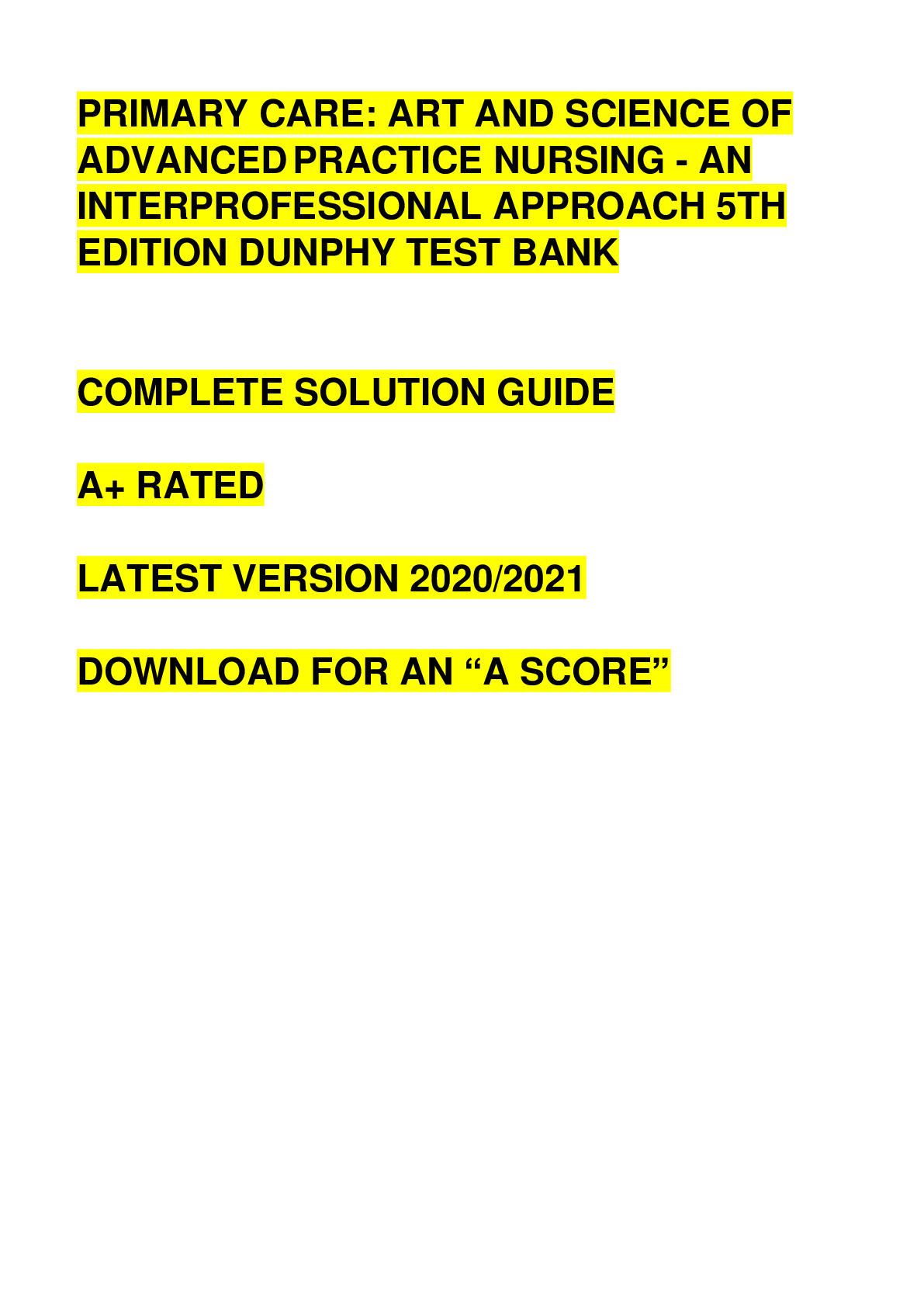 Preview image for TEST BANK FOR PRIMARY CARE ART AND SCIENCE OF ADVANCED PRACTICE NURSING – AN INTERPROFESSIONAL APPROACH 5TH EDITION DUNPHY